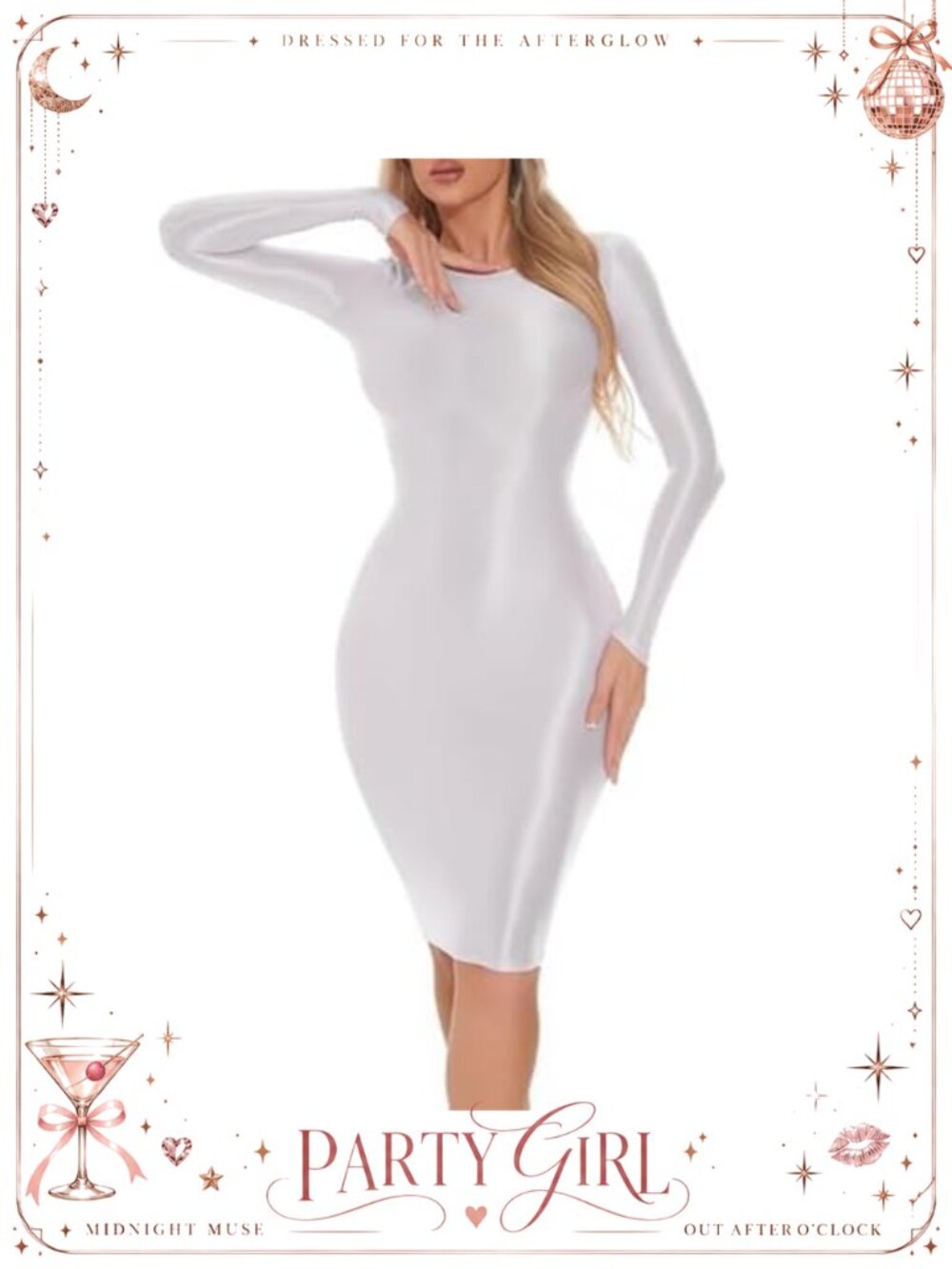 Oil Shiny Glossy Bodycon Midi Dress Long Sleeve Stretch Nylon Spandex